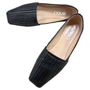 RODO Black Pleated Lambskin Square Toe Ballerina Flat